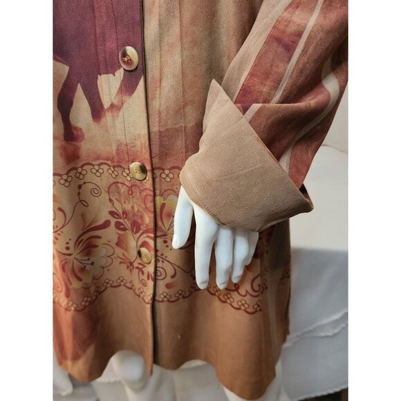 Horse-Print Long-Sleeve Button-Down Shirt Dress With Mandarin Collar Size Large - Picture 4 of 11